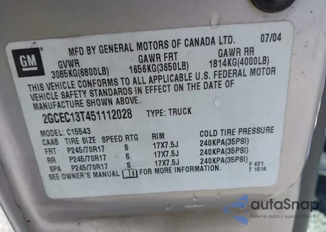 2005 Chevrolet Silverado 1500 Ls z USA, uszkodzony, nr VIN 2GCEC13T451112028